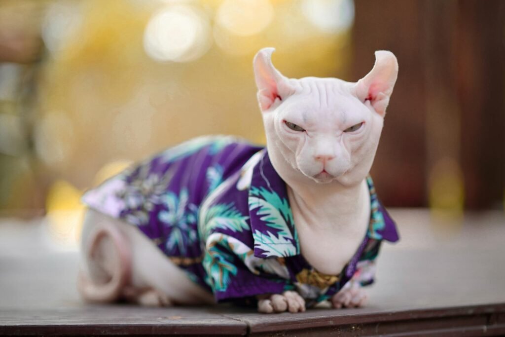 A Sphynx cat wearing a colorful Hawaiian shirt, sitting outdoors in a relaxed pose.
