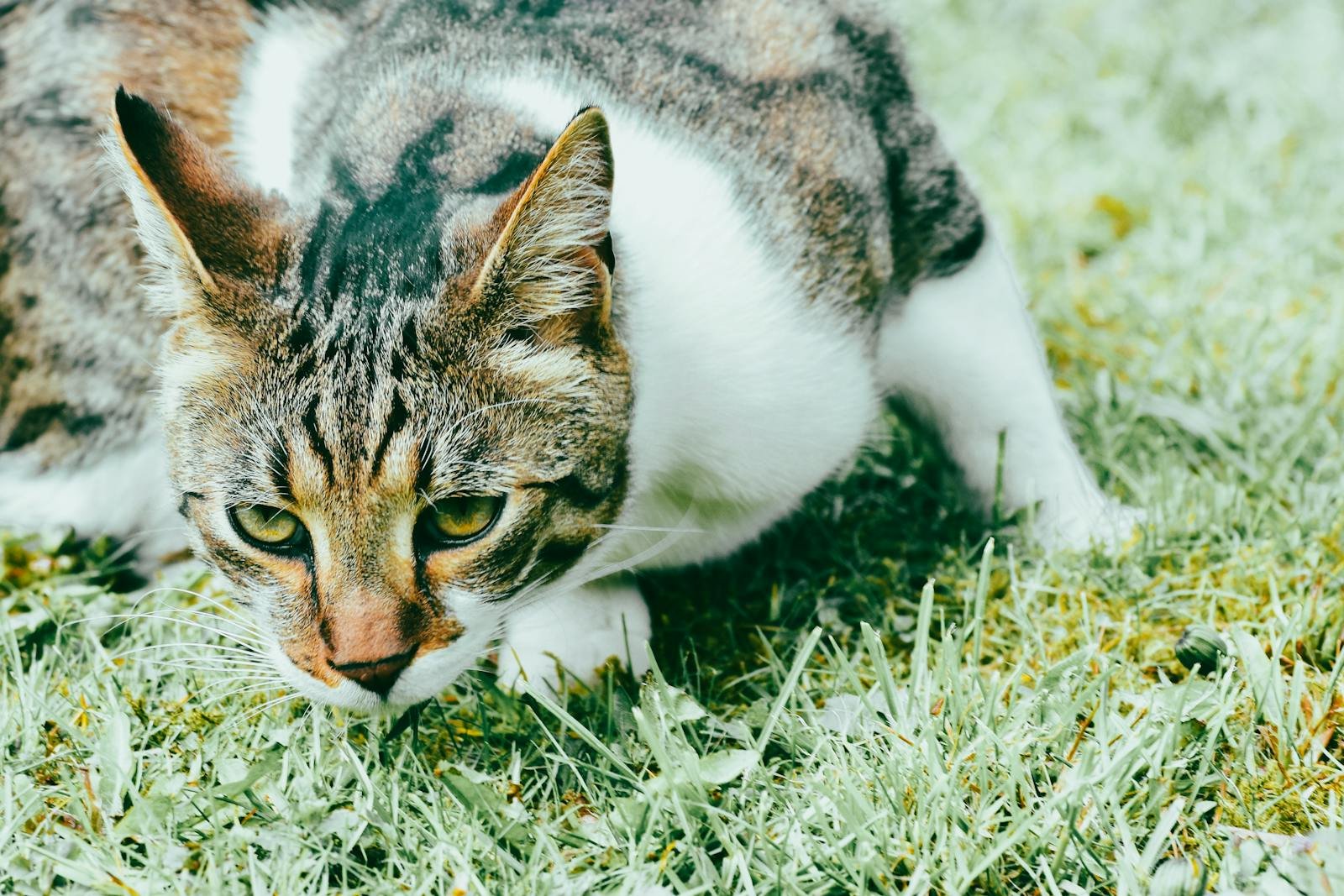 Close-up of a tabby cat crouched on grass, showcasing its curious nature.