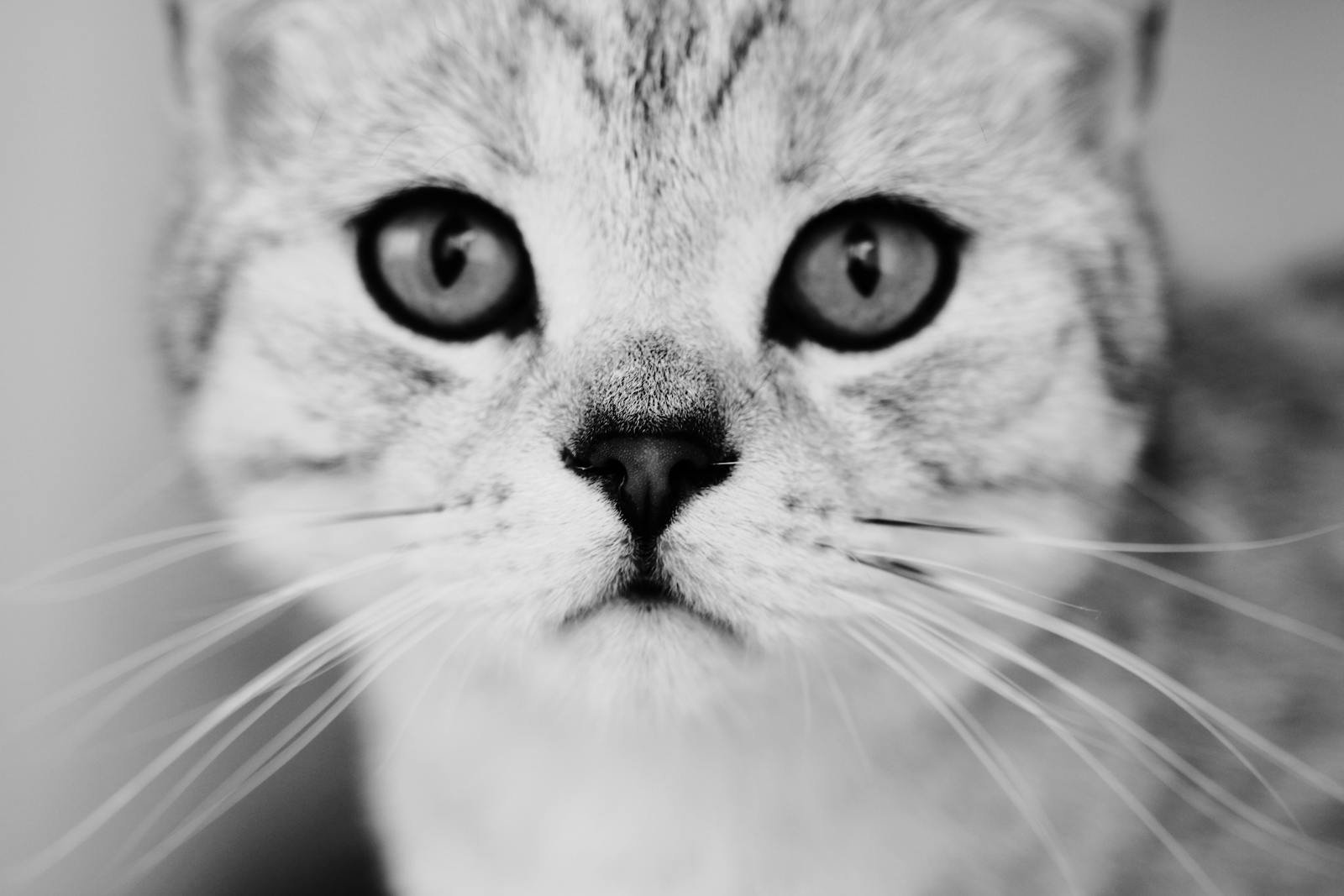 Detailed close-up portrait of a cat in black and white, showing its expressive eyes.