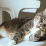 Adorable tabby cat licking its paw while lounging on a white chair indoors.