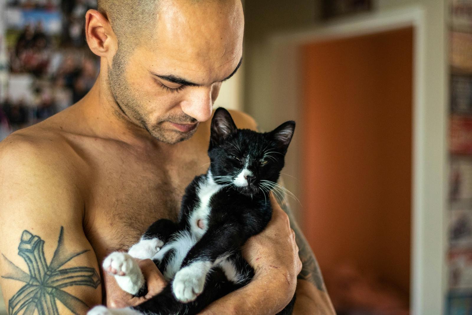 Shirtless man holding a tuxedo cat affectionately. Indoor setting, warm tones.