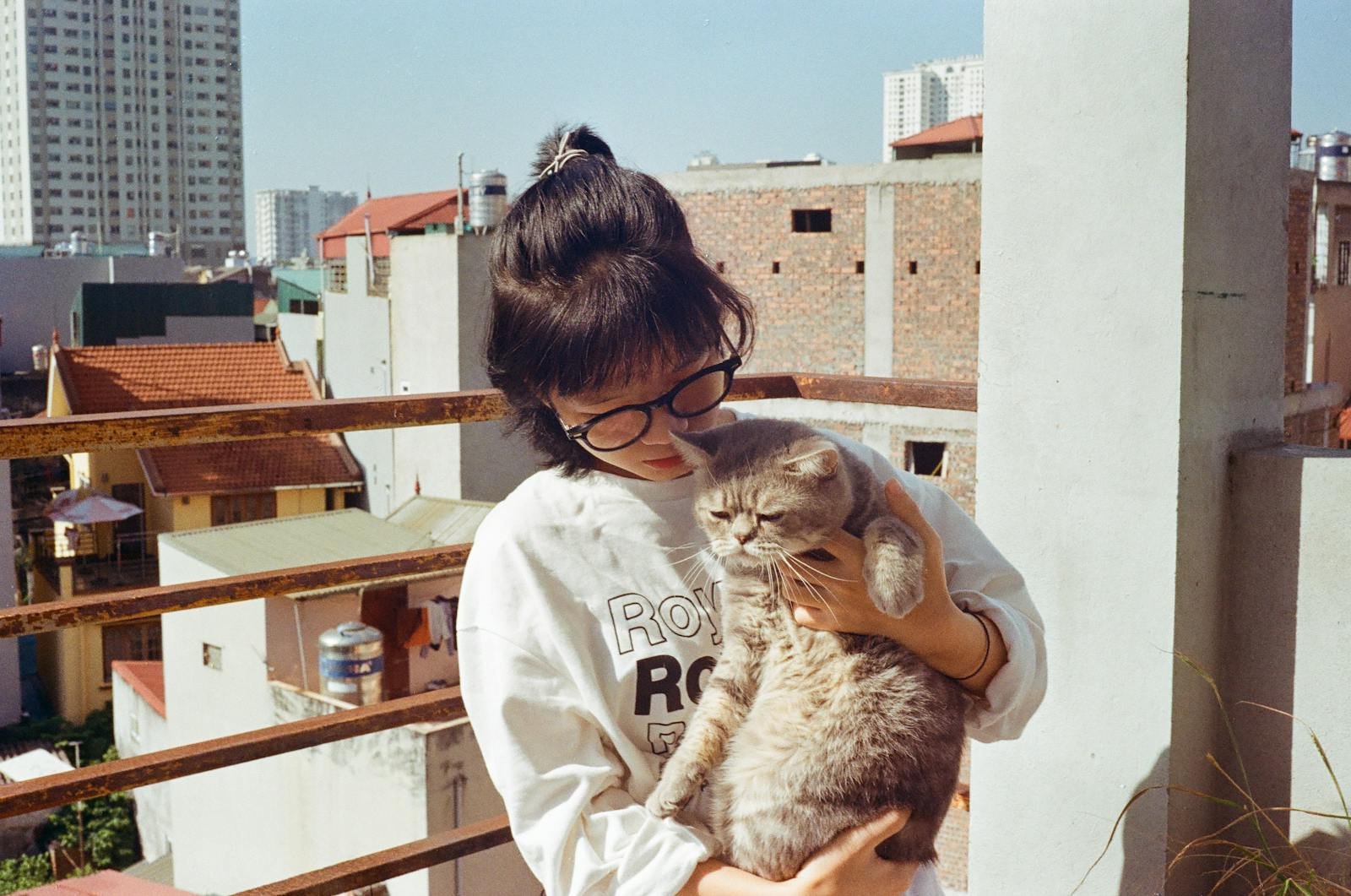 A young girl embraces her pet cat on a sunny balcony in bustling Vietnamese cityscape.