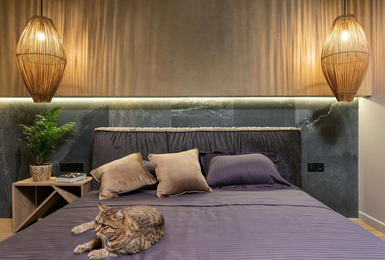 A serene bedroom scene with a relaxing cat, elegant lighting, and plush cushions.