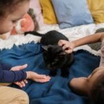 Two children playfully interacting with a black cat on a cozy bed indoors, showcasing warmth and affection.