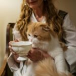 A fluffy cat in a woman's lap enjoys milk from a ceramic teacup. Cozy indoor setting.