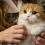 A cute Scottish Fold cat with orange and white fur snuggled in a woman's arms, indoors.