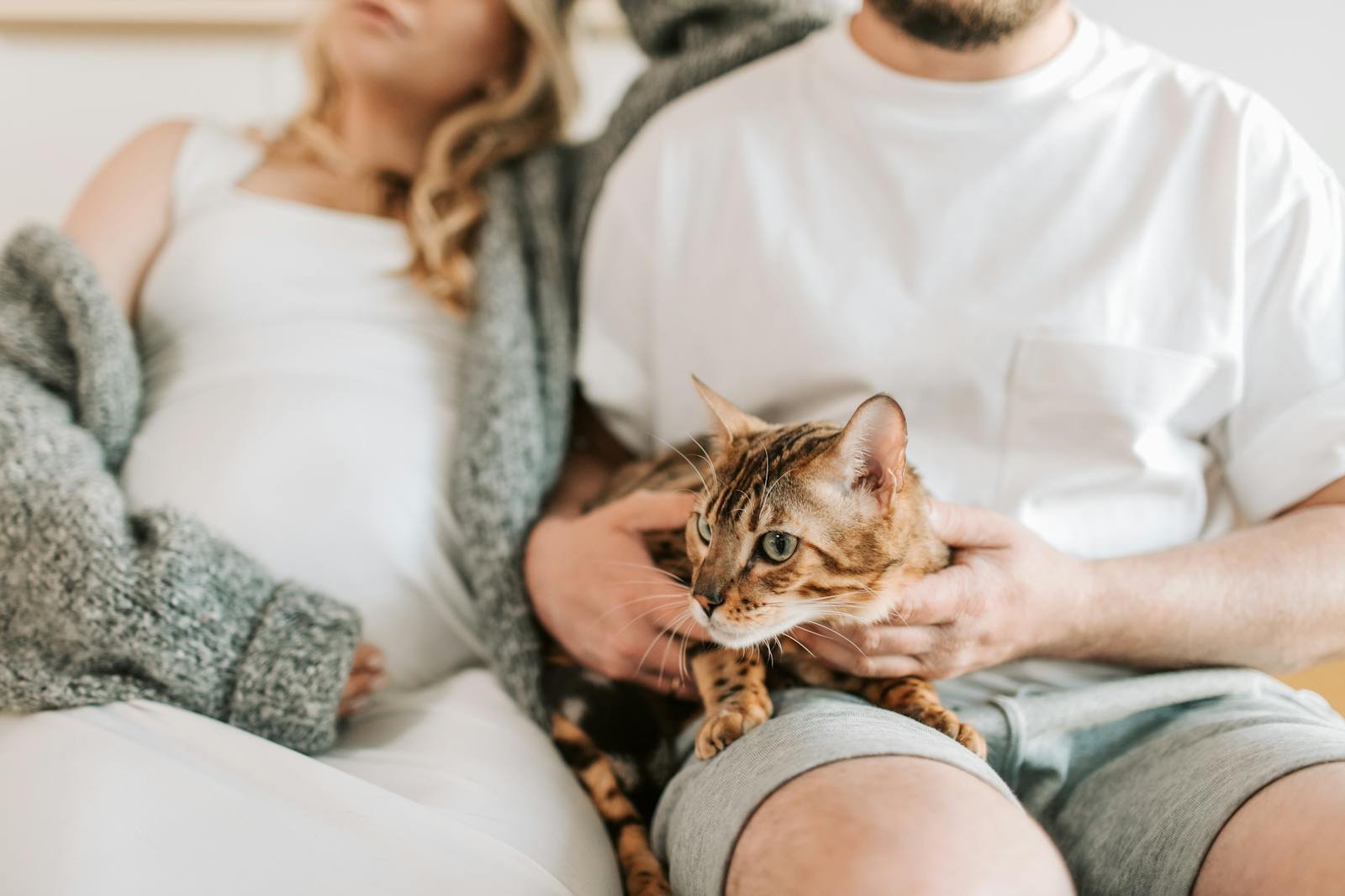 Expectant couple relaxing with a Bengal cat on a cozy indoor afternoon.