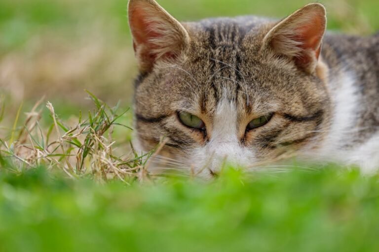 Close-Up of Tabby Cat Resting in Grass