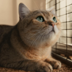 Charming domestic cat with striking green eyes peers inquisitively through a window.