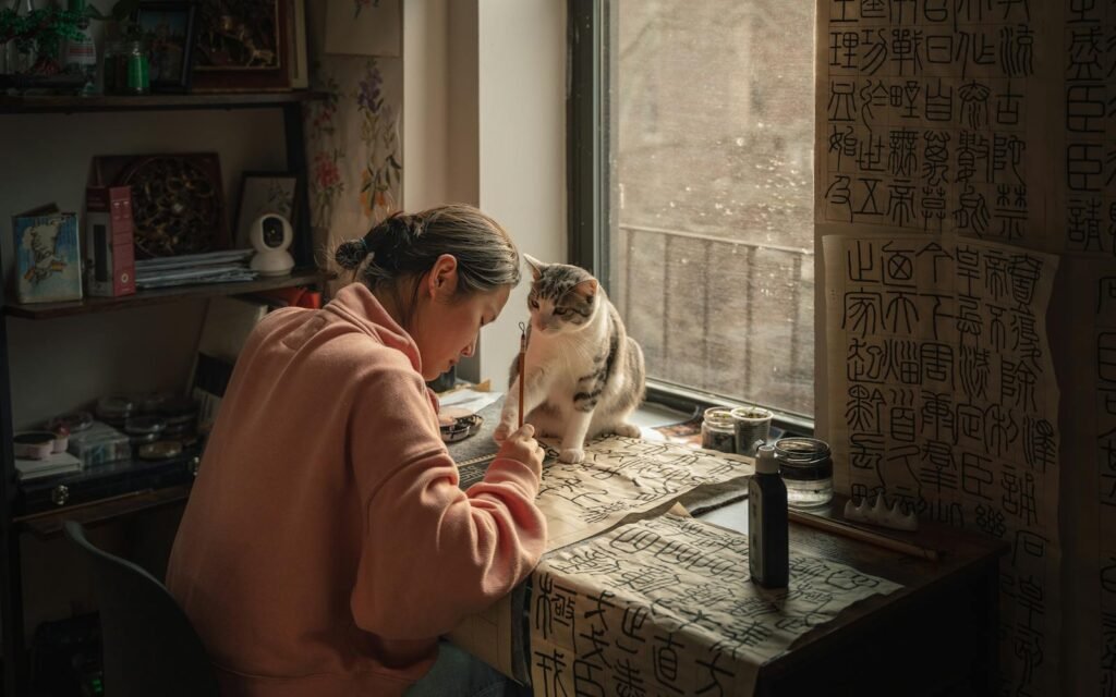 A woman practices Chinese calligraphy beside a curious cat in a warm, artistic home setting.