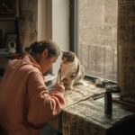 A woman practices Chinese calligraphy beside a curious cat in a warm, artistic home setting.
