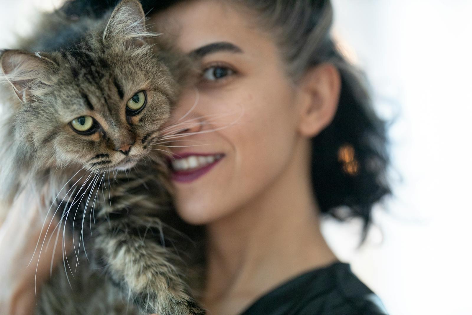 Close-up of a woman lovingly holding a fluffy tabby cat indoors.
